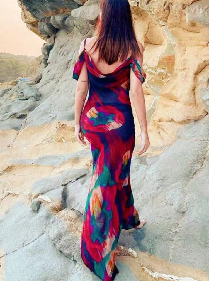 Casual Red Off Shoulder Printed Maxi Dress