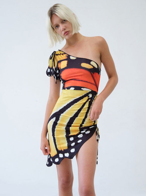 Sexy Butterfly Printed One Shoulder Mini Dress