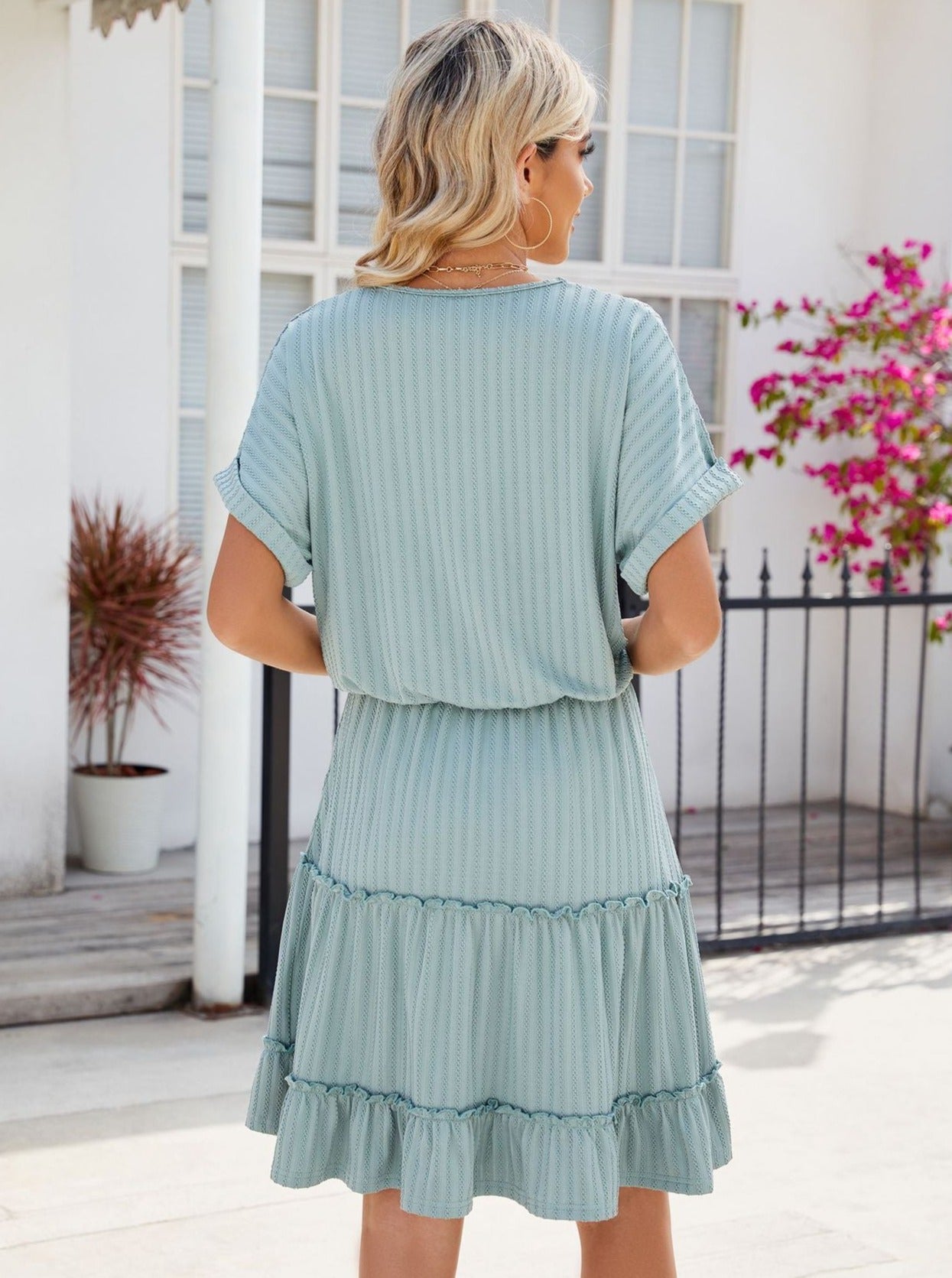 Solid Color V-Neck Loose Short-Sleeved Stitching Dress