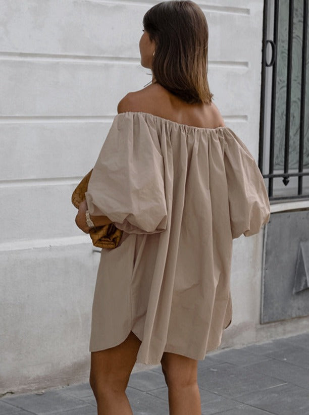 Elegant Khaki Wrinkled Short-Sleeved Dress