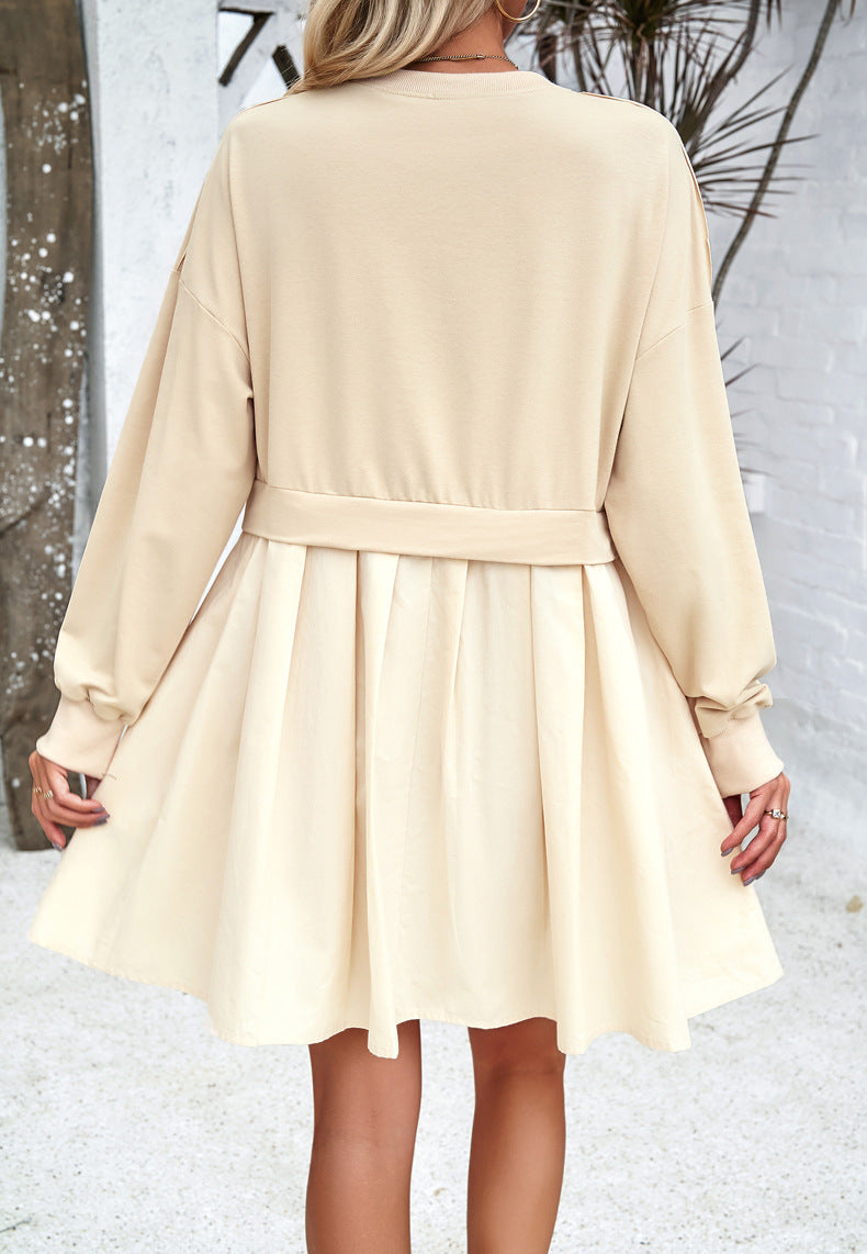 Round Neck Long Sleeve Pleated Dress