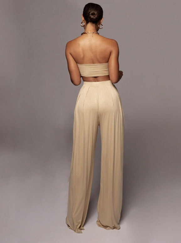 Beige Lace-Up Tube Top and Mid Waist Wide Leg Pants