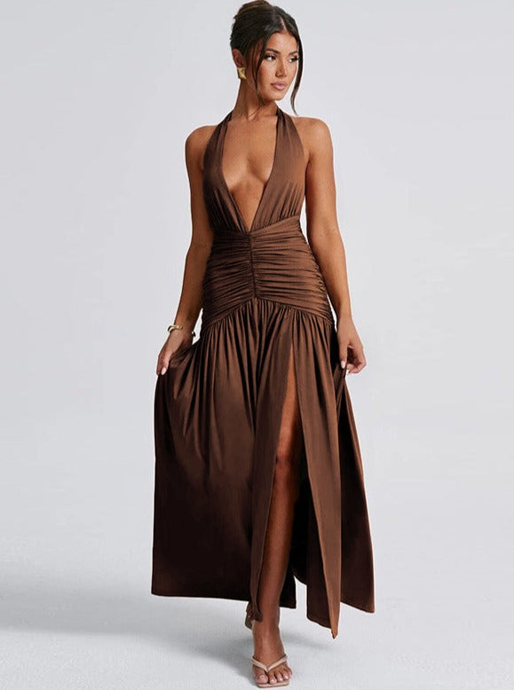 Sexy Brown Pleated Slit Temperament Halter V-Neck Backless Dress