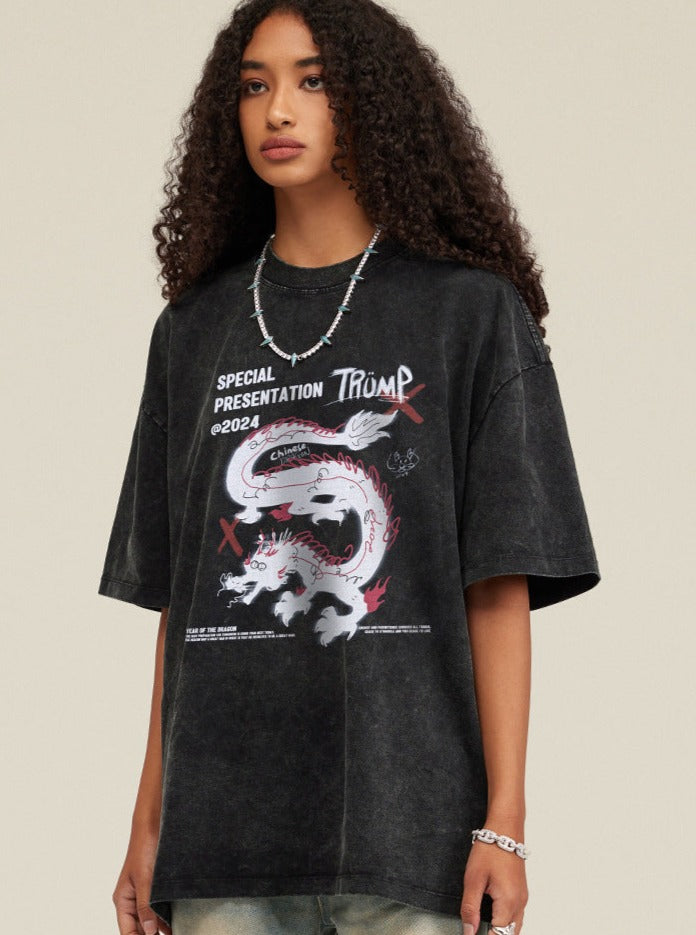 Sort Casual Loose Dragon Printet skjorte 