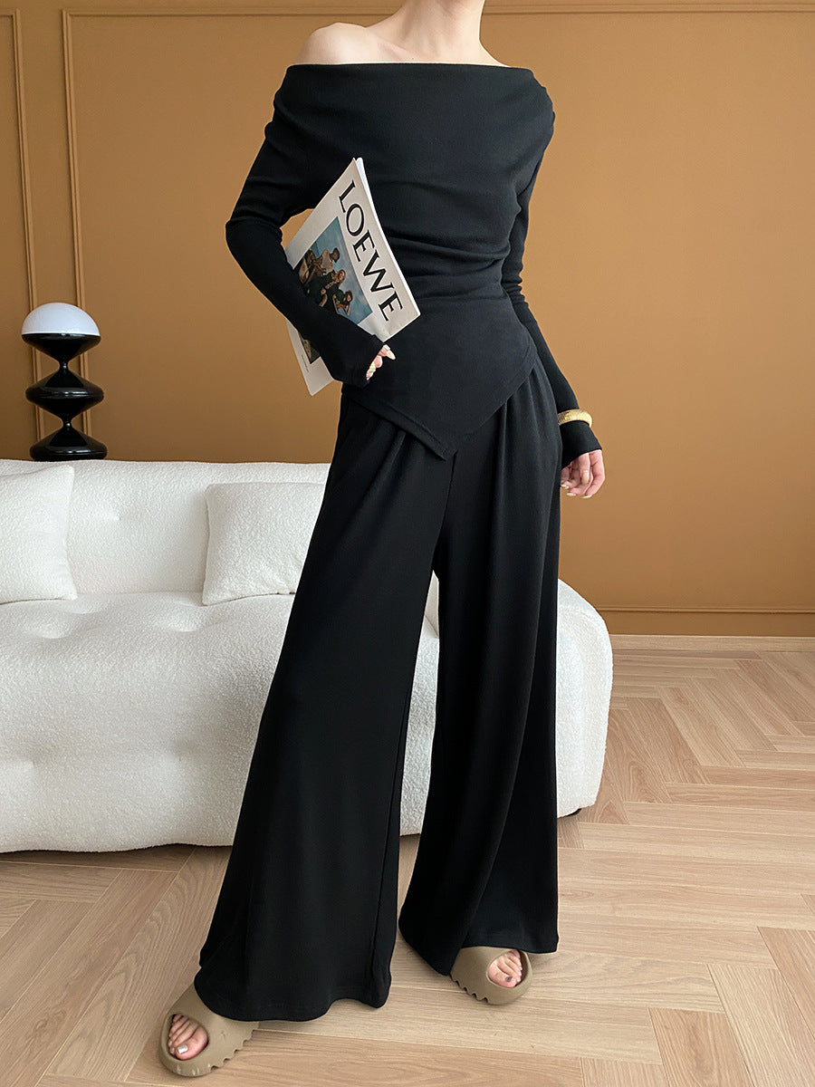 One Shoulder Knitted Top Wide Leg Pants Two Piece Suit