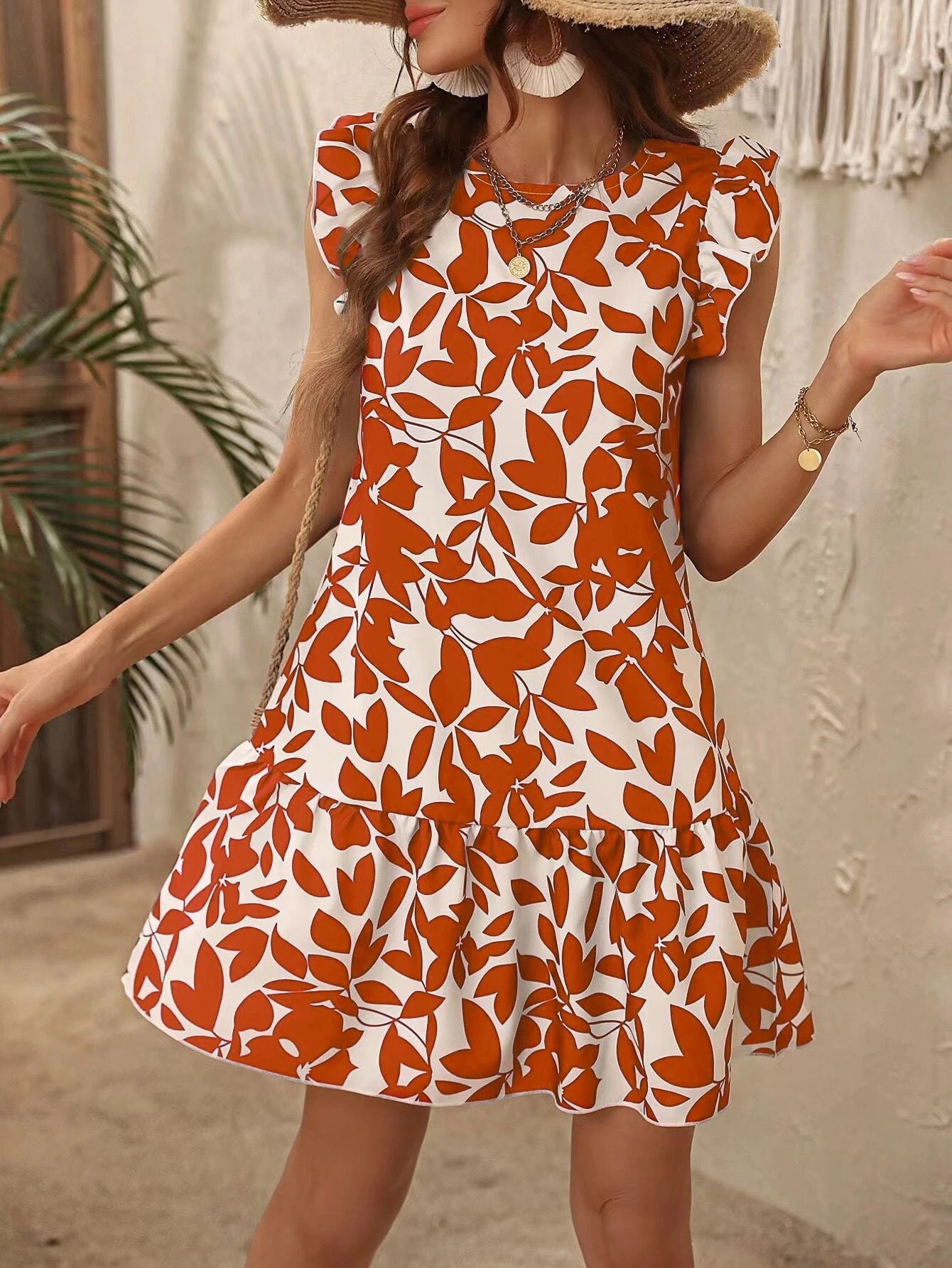 Elegant Floral Print Short Sleeve Mini Dress
