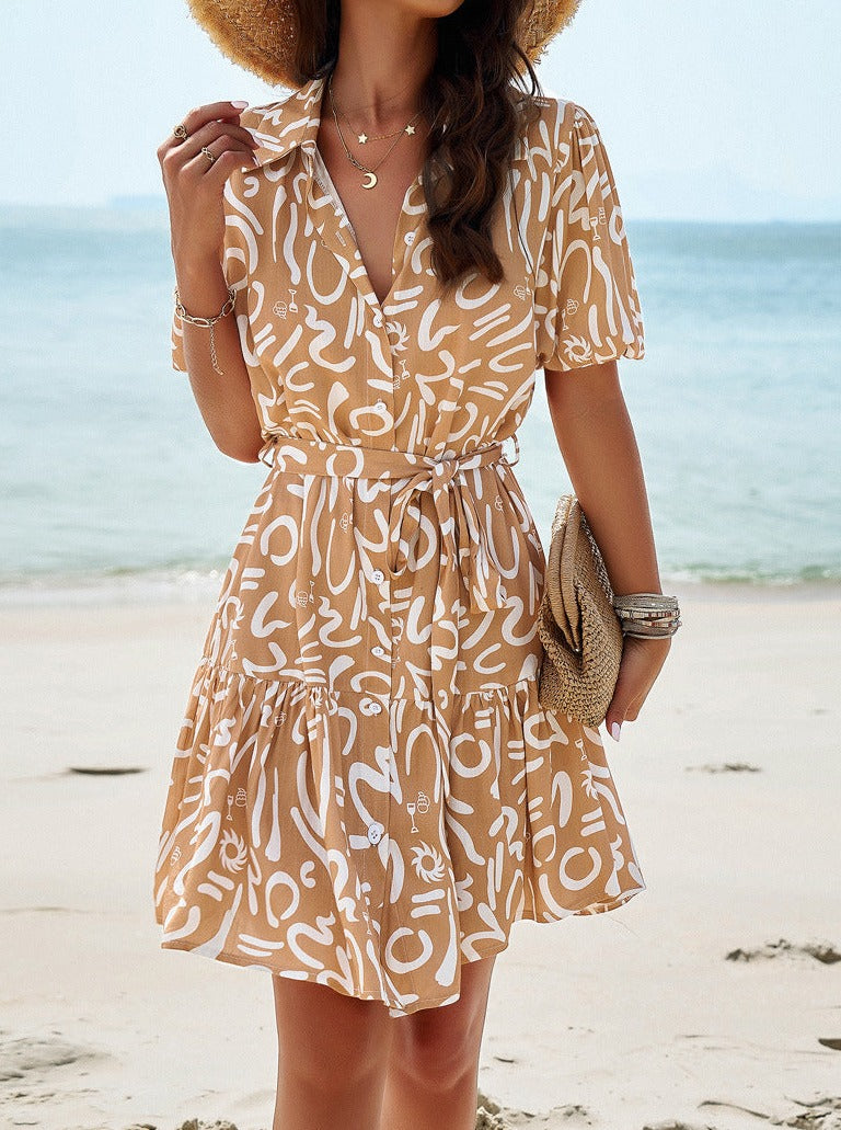 Brown Abstract V-Neck Short Sleeve Mini Dress