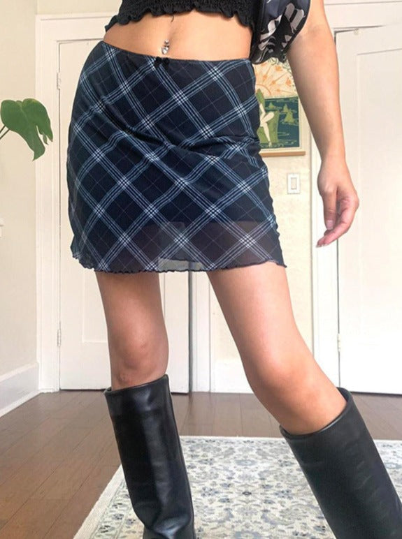 Y2K Aesthetic Double Layer Mesh Plaid Skirt