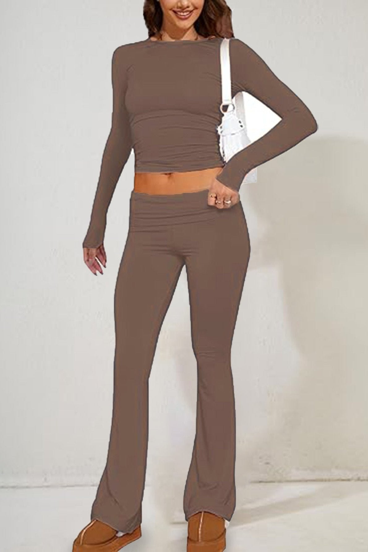 Two Piece Long Sleeve Crop Top Flare Pants Set