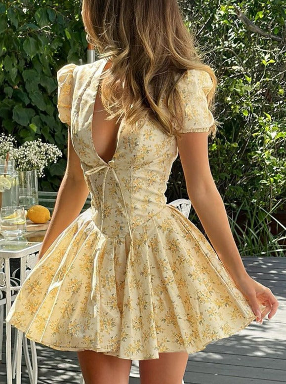 Sexy Deep V-Neck Thin Waist Short Sleeve Pleated Floral Dress