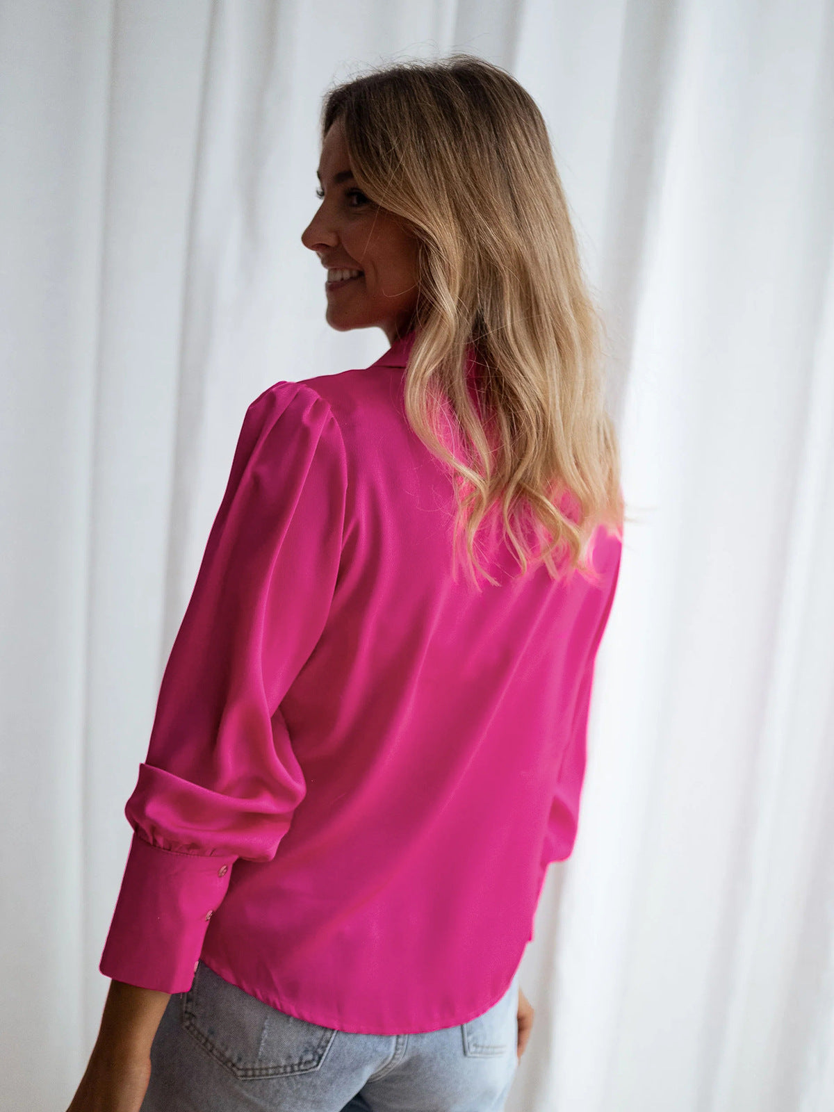 Pink Women Loose Button Down Long Sleeve Shirt