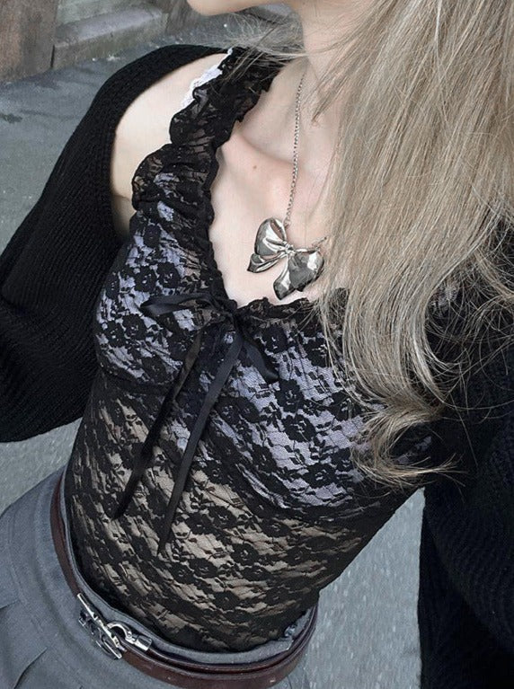 Sexy Black Lace Tie Bow Small Vest Top