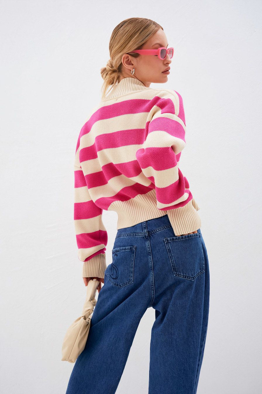 Deep V-Neck Striped Knitted Sweater