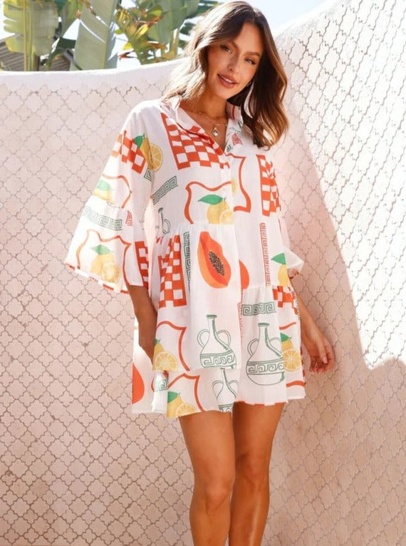Simple Orange Ethnic Style Loose Shirt Short Dress