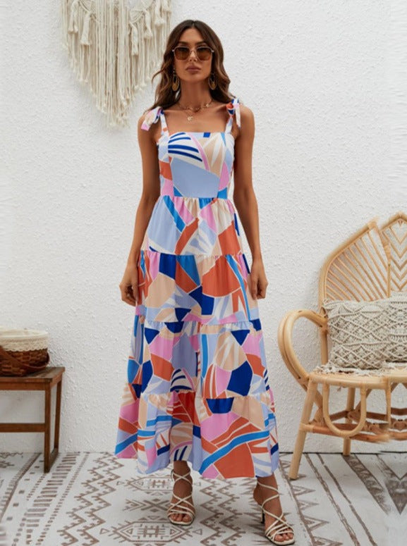 Laced-Up Printed Halter Dress