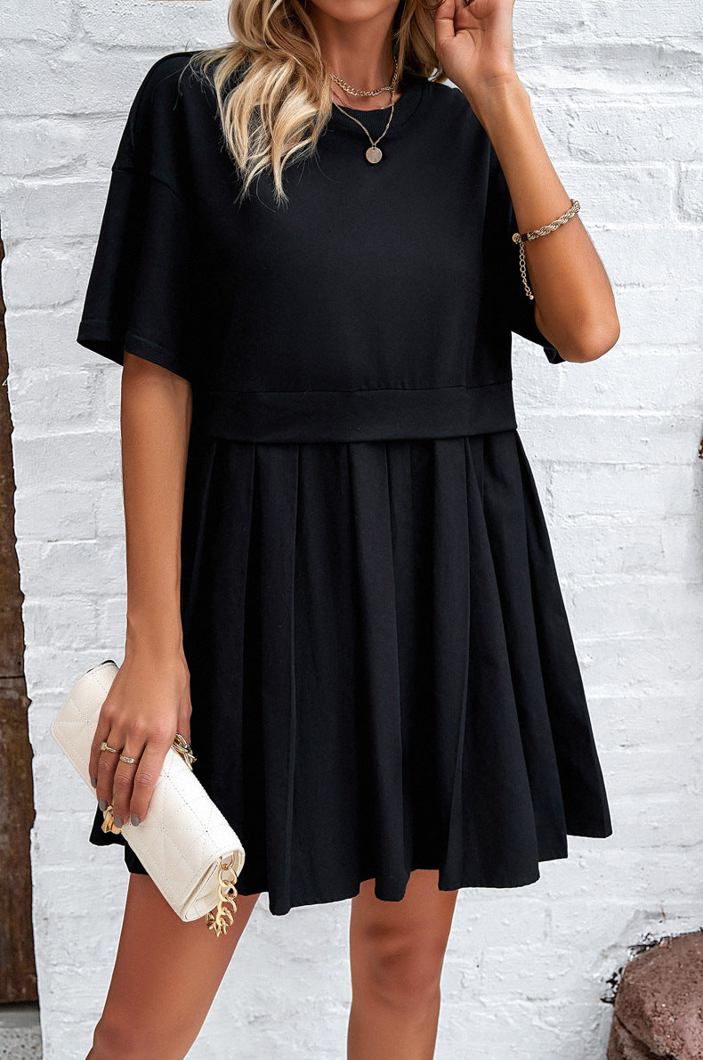 Round Neck Short Sleeve Pleated Dress