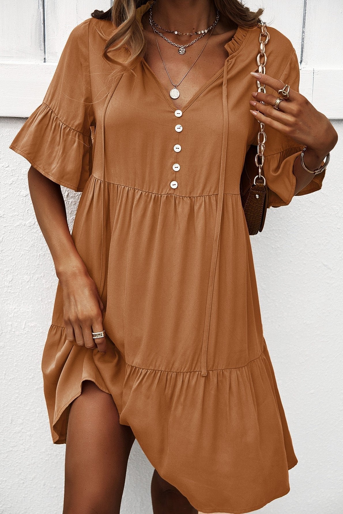 Sexy Frill V-Neck Drawstring Tie Smock Dress