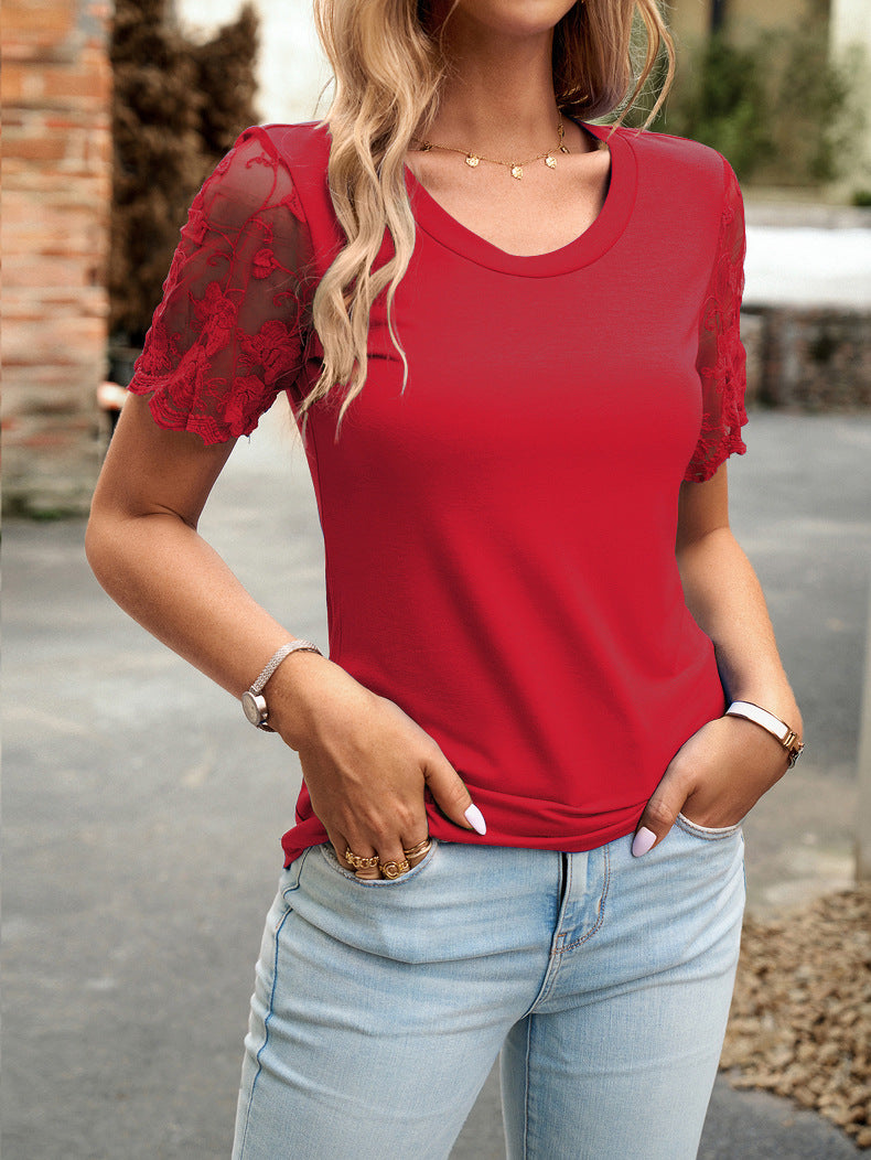 Round Neck Lace Sleeve T-Shirt