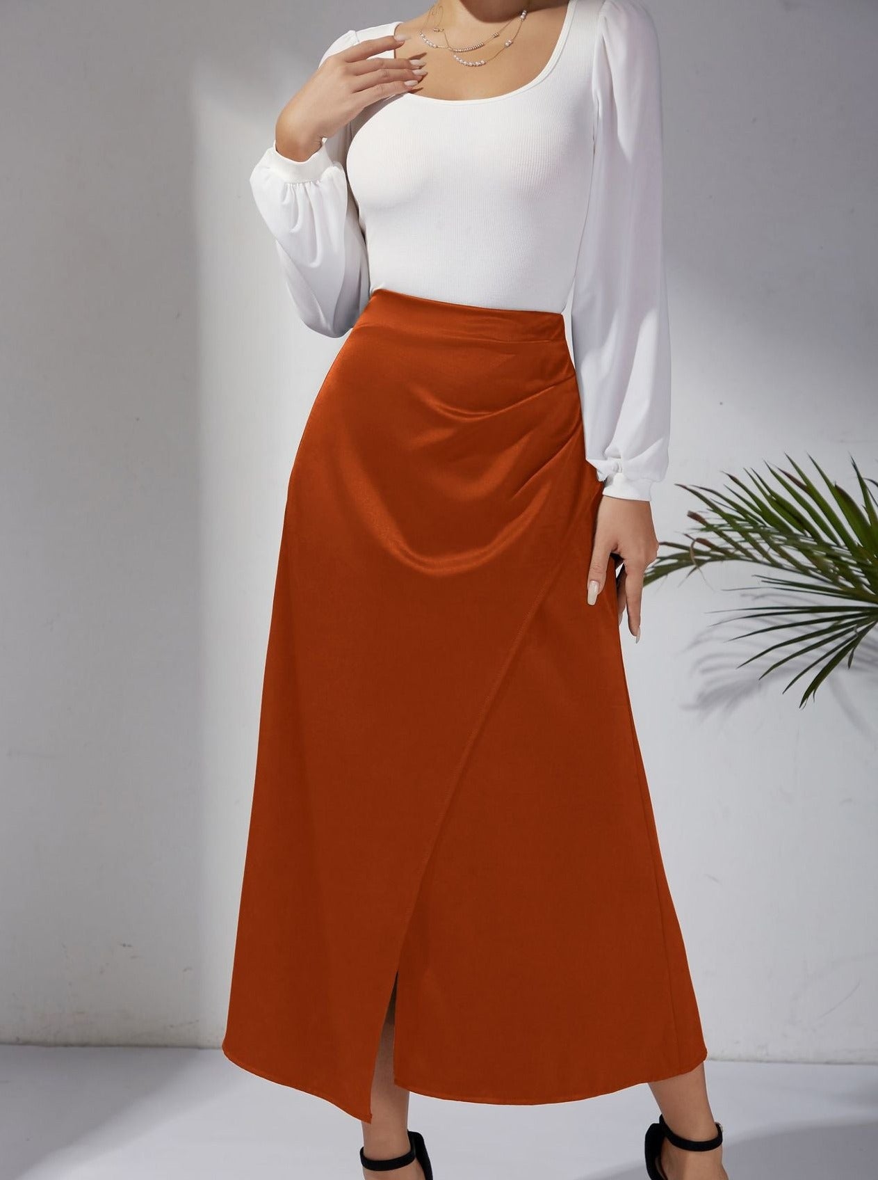 Casual Orange Wrap Long Skirt