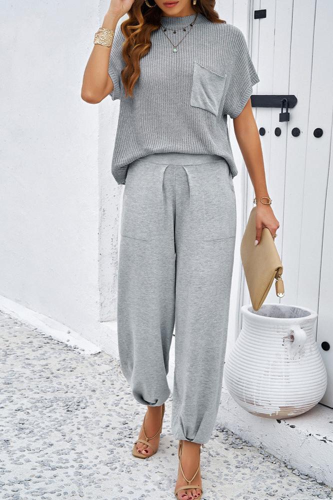 Round Neck Short Sleeve Top and Pants Set