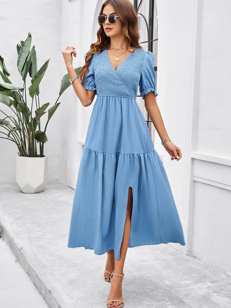 V-Neck Short Sleeved Long Dress