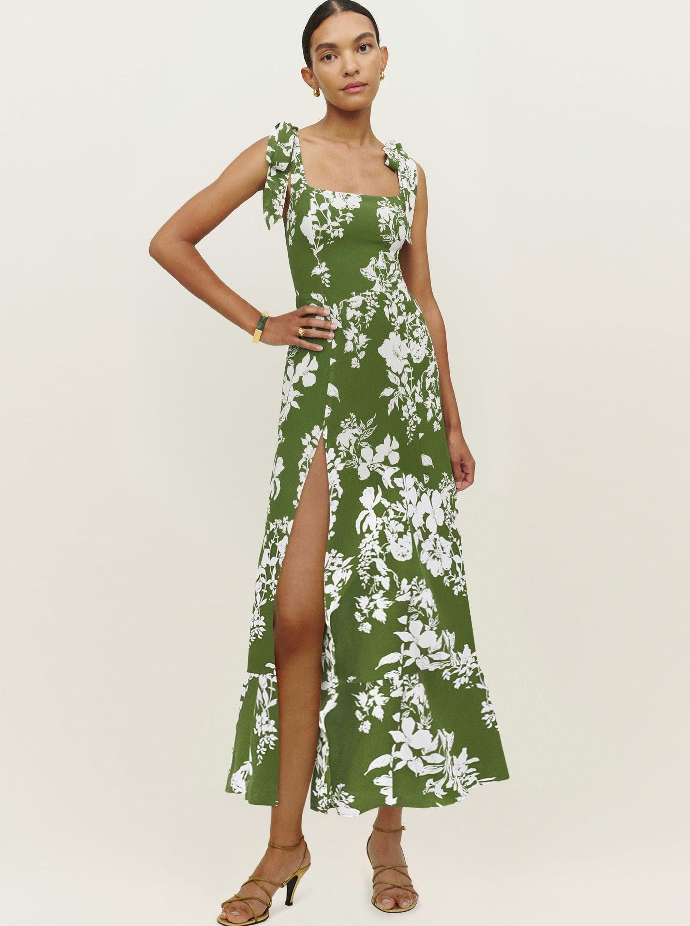 Green Floral Print Suspender Strap Square Neck Slit Dress