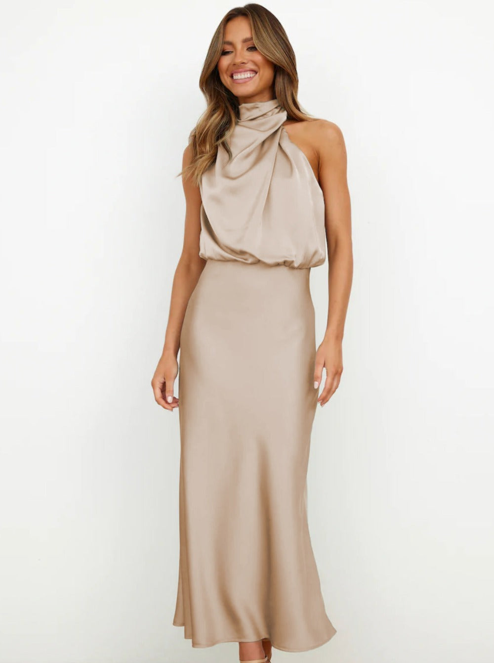 Elegant Apricot Halter Neck Dress