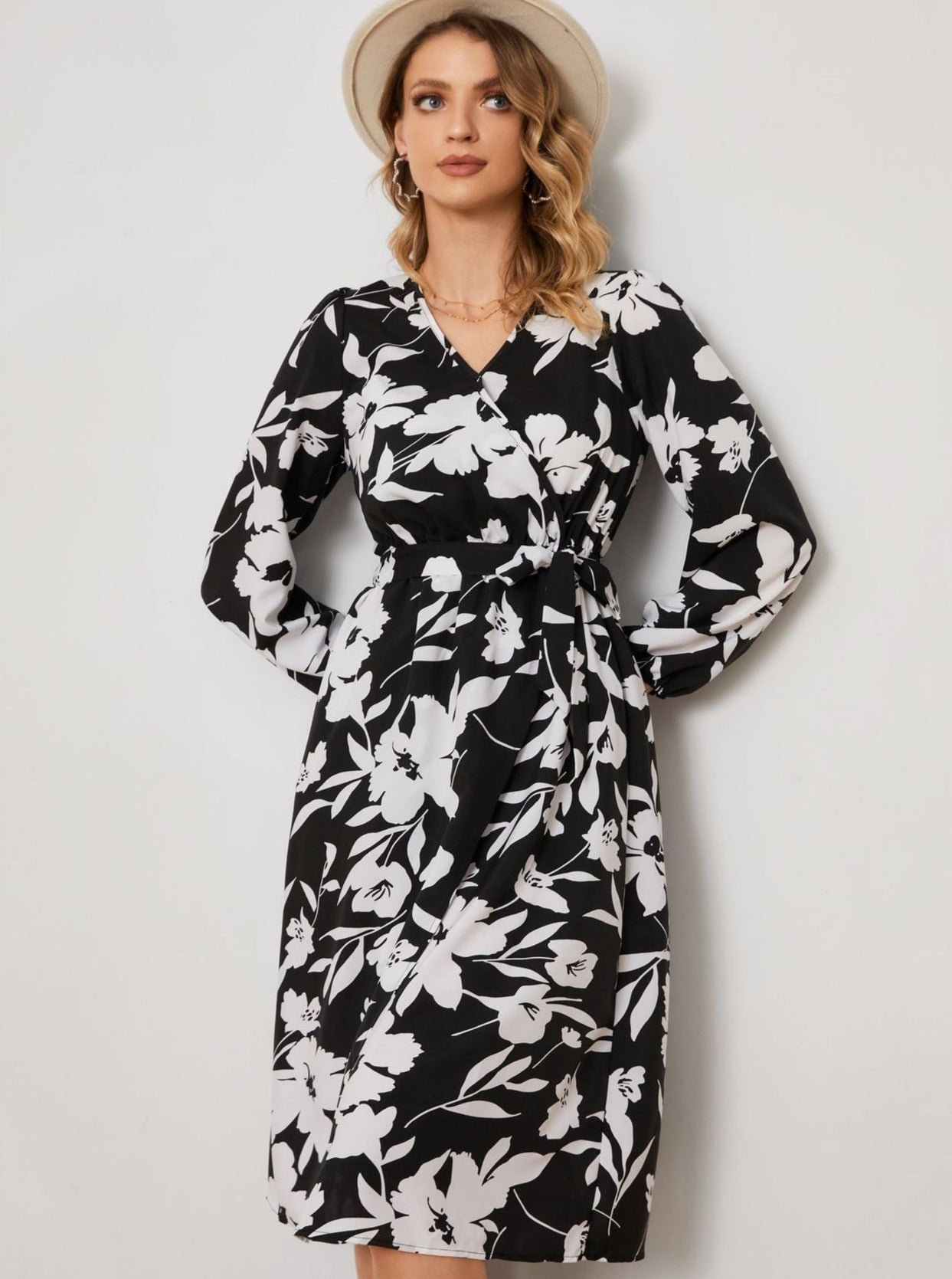 Elegant Floral Print Long Sleeve V-Neck Slit Lace-Up Midi Dress