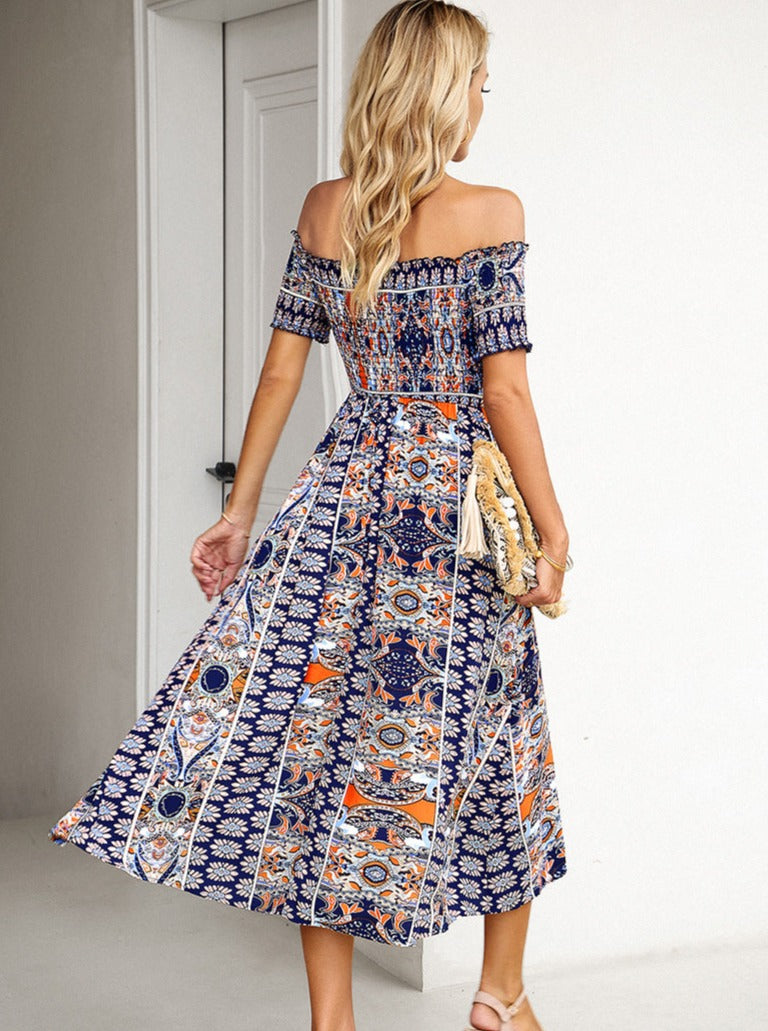 Blue Off Shoulder Bohemian Printed Dress