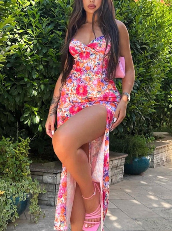 Sexy Floral Printed Revealing Slit Sundress