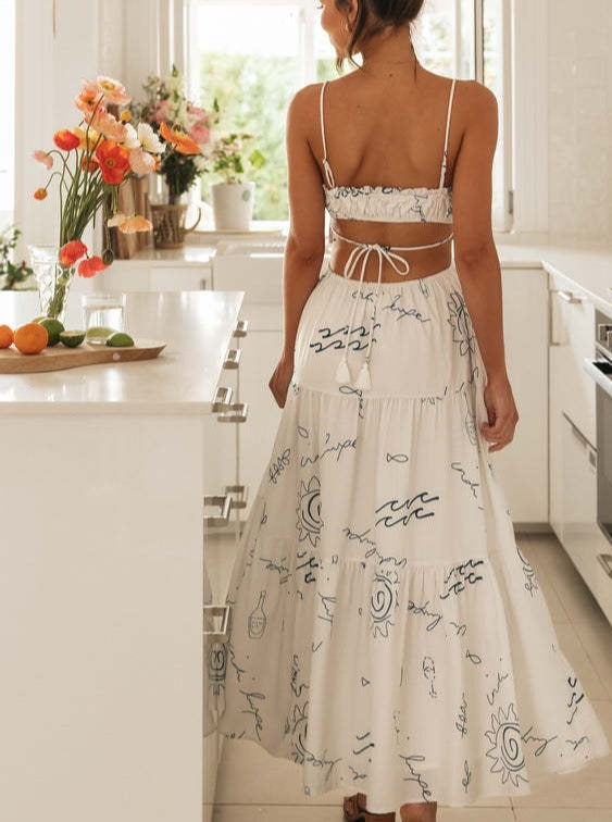 Sexy Backless Printed Lace Up Long Dress