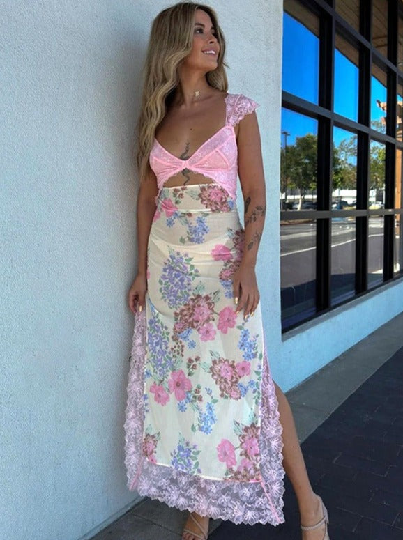 Sexy Floral Printed Mesh Laced Backless Dress