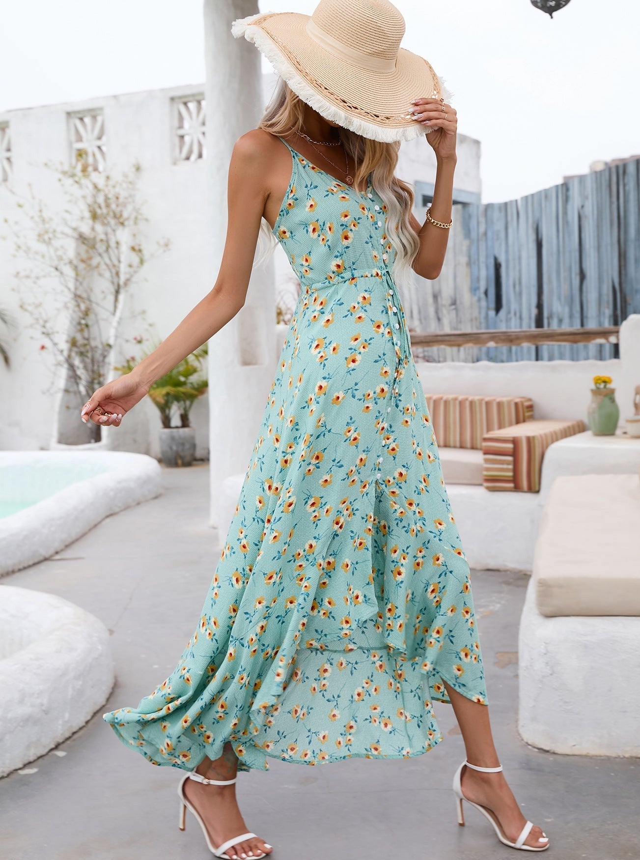 Floral Midi-kjole med snoretræk 