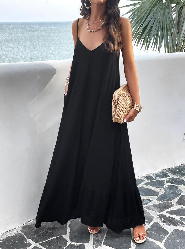 Black Casual Solid Color Suspender Maxi Dress