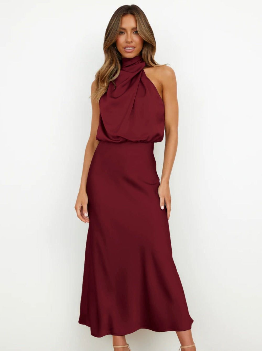 Elegant Maroon Halter Neck Dress