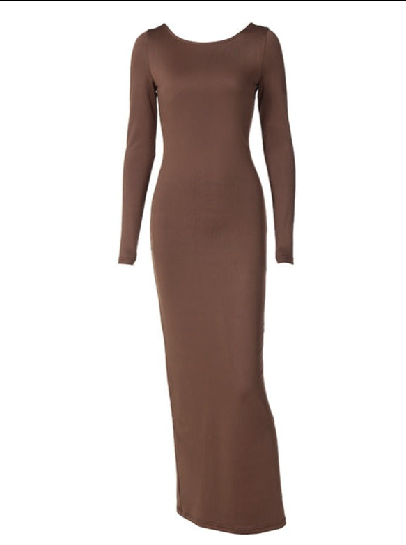 Solid Color Long Sleeve Tie Back Maxi Dress