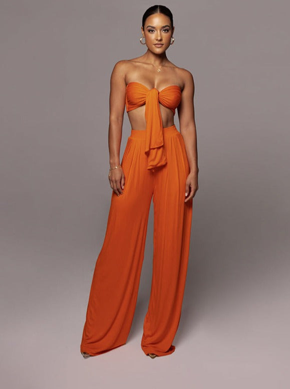 Orange Lace-Up Tube Top and Mid Waist Wide Leg Pants