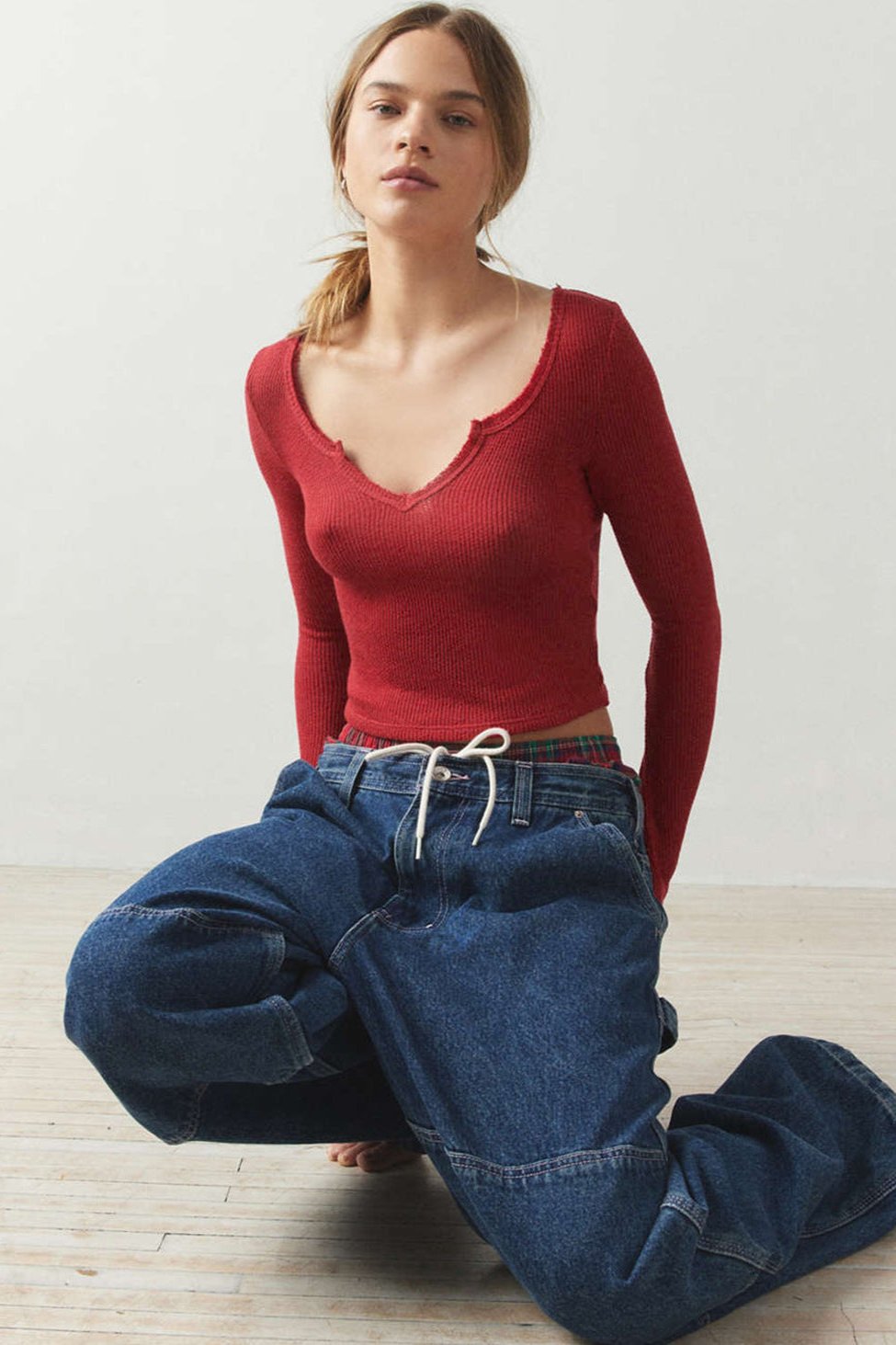 Ribbed V-Neck Long Sleeve Knitted Sweater Blouse