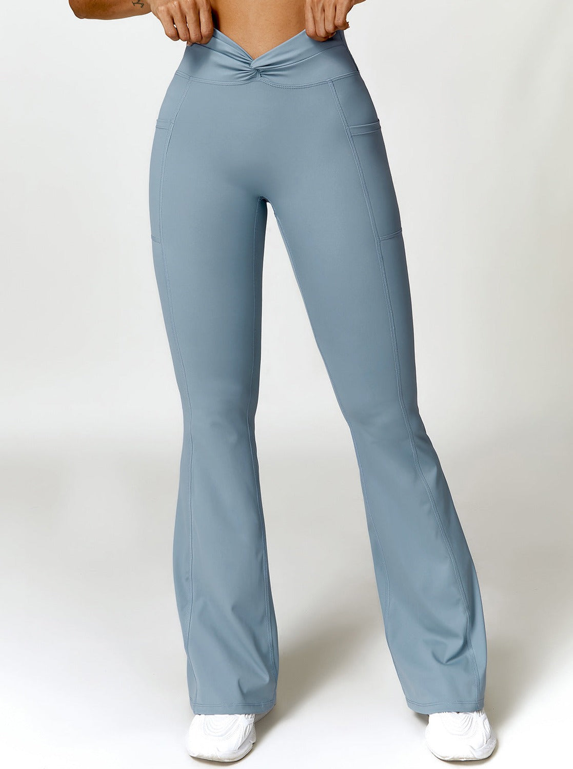 Blå højtaljede yogabukser med brede ben 