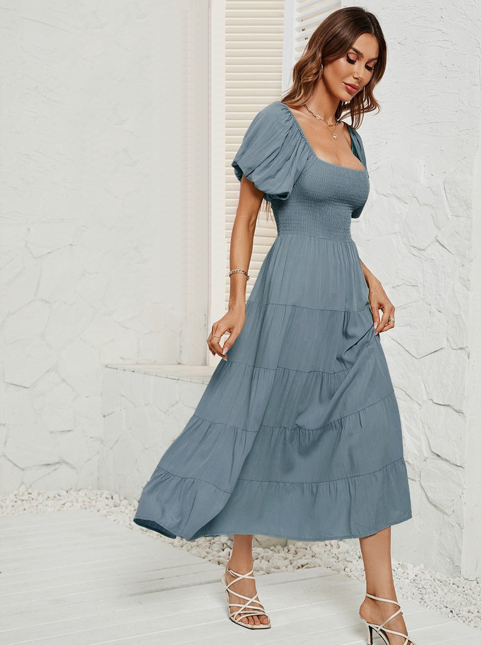 Grey and Blue High Waist Bubble Sleeve Square Neck Maxi Dress