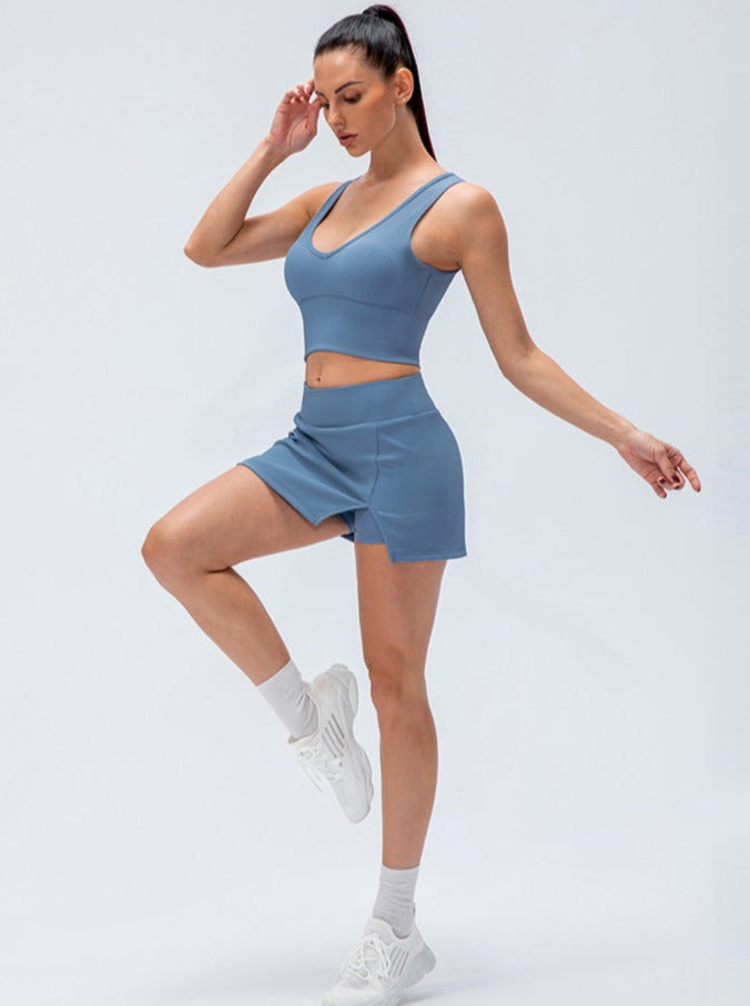 Blå stramme elastiske højtaljede korte nederdelbukser 