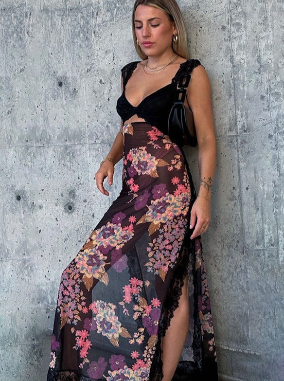 Sexy Floral Printed Mesh Laced Backless Dress