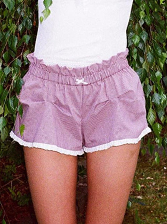 Pink flæsede plaid shorts med høj talje 