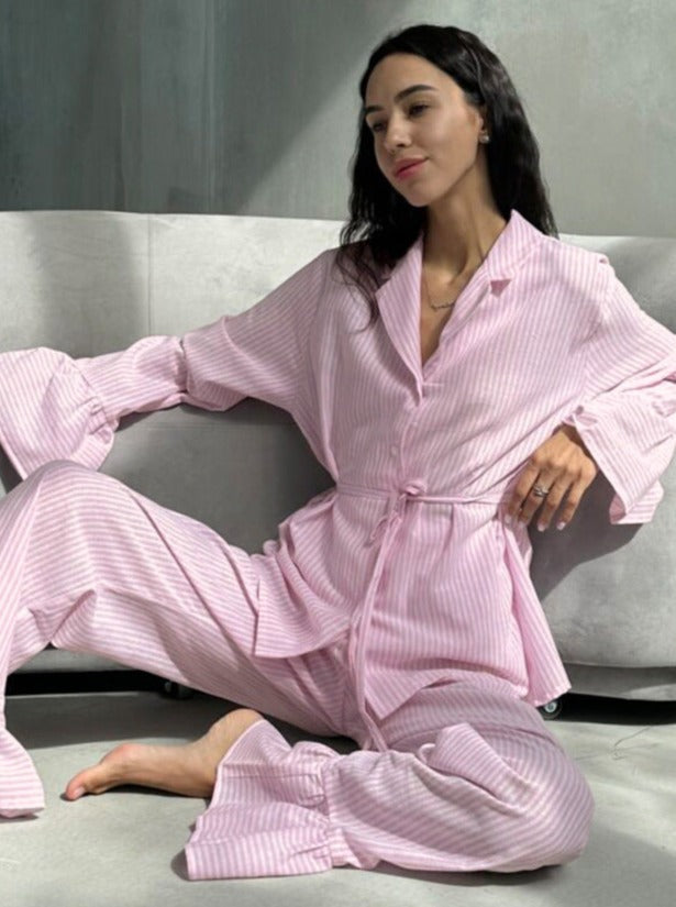 Pink flæsede stribet langærmet pyjamassæt 