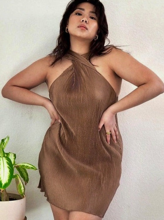 Sexy Brown Halter Mini Dress