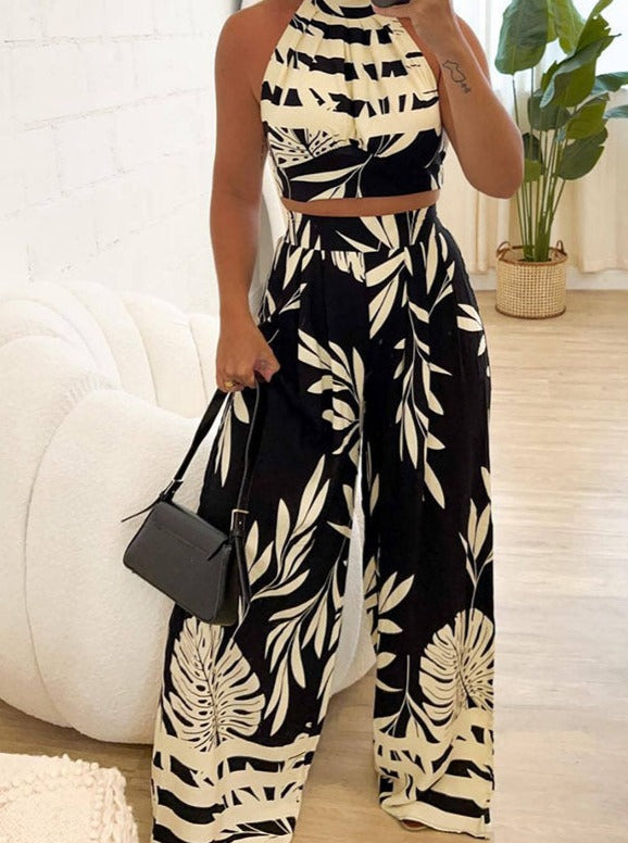 Two Piece Halter Sleeveless Printed Pants Suit