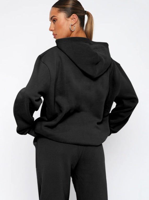 Casual Black Hooded Long Sleeve Sweater and Trousers Set