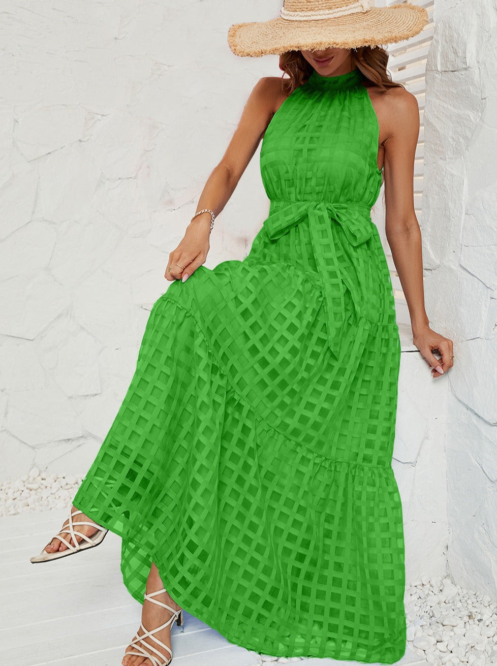 Green Halter Mesh Belted Maxi Dress