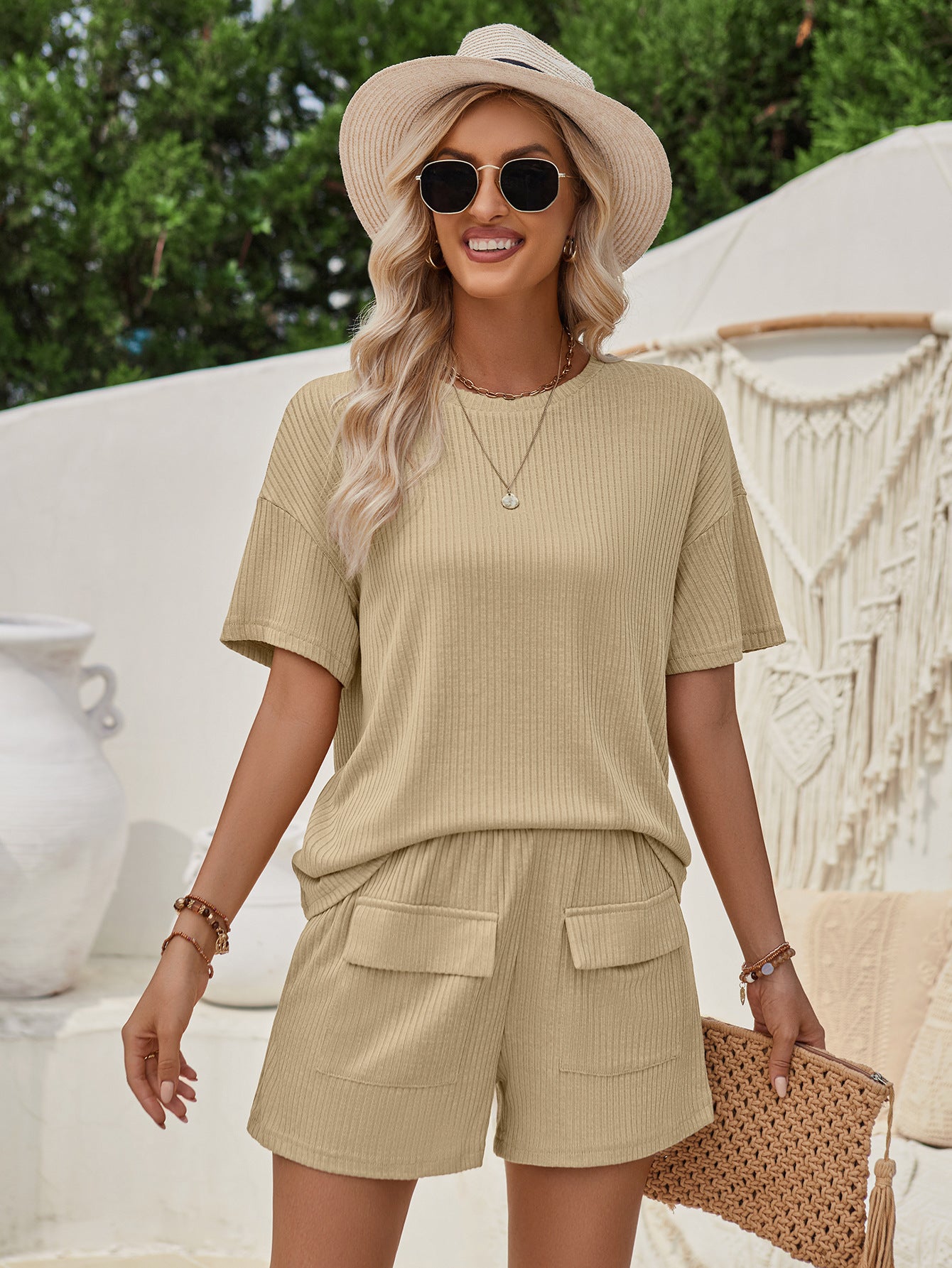 Casual Loose Round Neck Solid Color Short Sleeve Tops & Short Suits