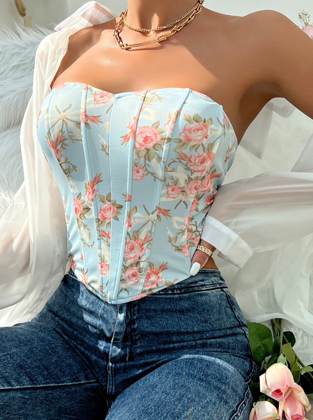 Sexy Low-Cut Blue Flower Wrapped Chest Fishbone Waist Top